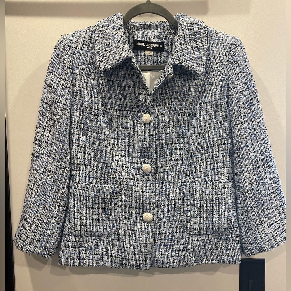 Karl Lagerfeld Blue and White Tweed Jacket Size 4
